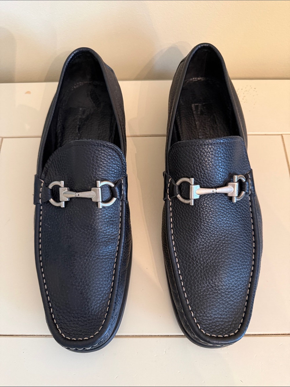 Salvatore Ferragamo Black Pebbled Leather Bit Slip-On Loafers